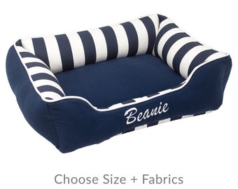 Personalized Dog Bed Nautical, Navy Blue Coastal Pet Bed, Washable Removable Cover in sizes small to x-large