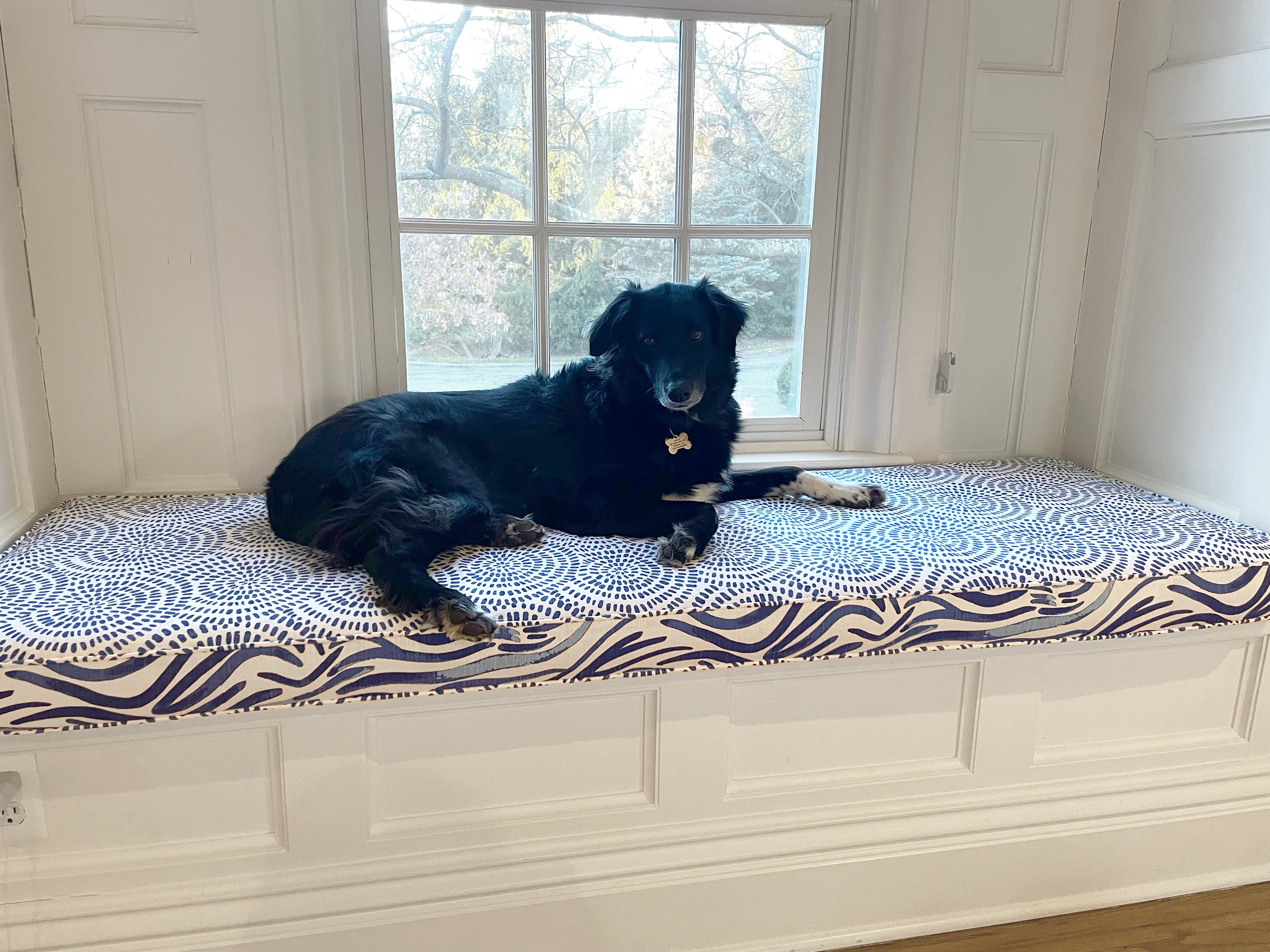 Bench with dog bed underneath deals