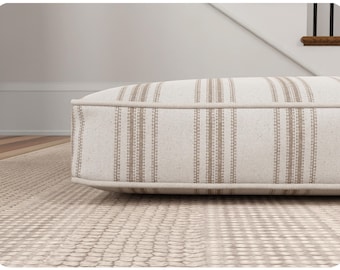 Tan Stripe Farmhouse Dog Bed Cushion, Personalized, Overstuffed, Washable Cover