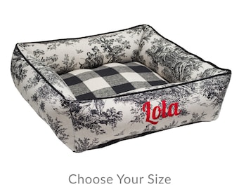 Toile Dog Bed, French Country Farmhouse Style, Buffalo Plaid Pet Bed, Personalized with Washable Removable Cover