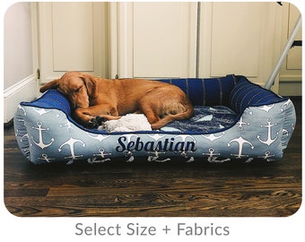 Durable Large Dog Bed with a Washable and Removable Cover, Personalized Nautical Pet Bed with Anchors in Navy Blue & Grey