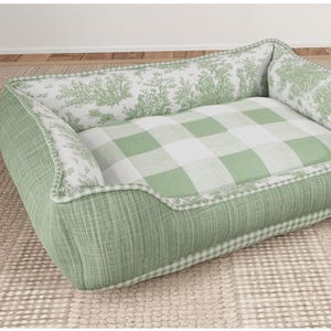 Green Plaid Dog Bed with Supportive Bolsters, Modern French Country Style, Washable Removable Cover