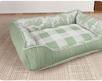 Green Plaid Dog Bed with Supportive Bolsters, Modern French Country Style, Washable Removable Cover