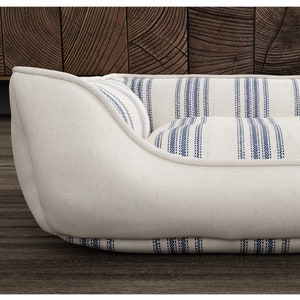 Grain Sack Dog Bed with Ticking Stripes | Red, Blue, Tan Ticking Stripe - Farmhouse Vintage Feedsack Dog Bed, Grainsack Pet Bed