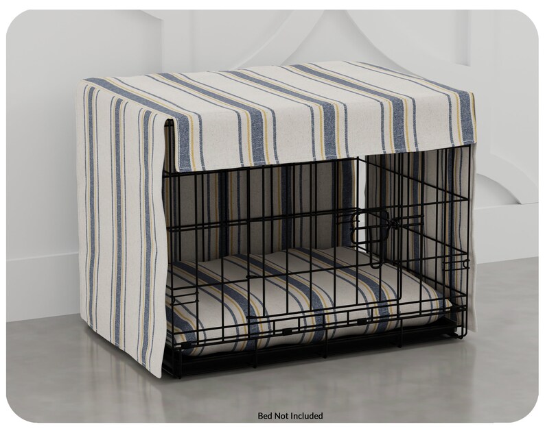 crate cover with blue and yellow stripe and matching pillow bed