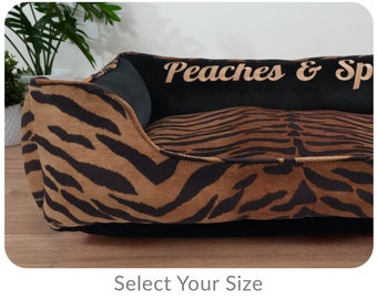 Large Cat Bed with Tiger Print, Snuggle Sharing Pet Bed, Washable Durable Pillow with Bolsters, Choose Size