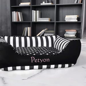 Large 32x32 Black White Striped Dog Bed with Bolsters