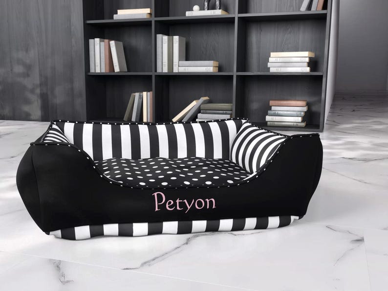 Large 32x32 Black White Striped Dog Bed with Bolsters