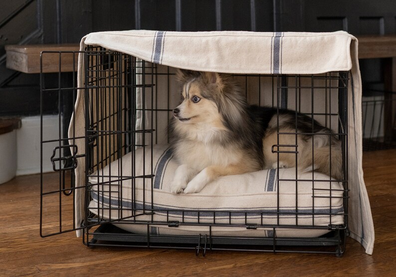 blue stripe crate cover with add-on custom size bed. Bed not included. contact us for pricing if you'd like a custom size bed to fit.
