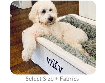 Luxurious White Dog Bed Grey Accents - Monogram Embroidery | Goldendoodle, Labradoodle, Washable, Cozy, Comfy, Blanket Dog Bed