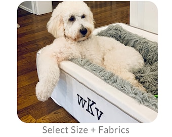 Luxurious White Dog Bed Grey Accents - Monogram Embroidery | Goldendoodle, Labradoodle, Washable, Cozy, Comfy, Blanket Dog Bed