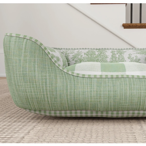 Green Plaid Dog Bed with Supportive Bolsters, Modern French Country Style, Washable Removable Cover