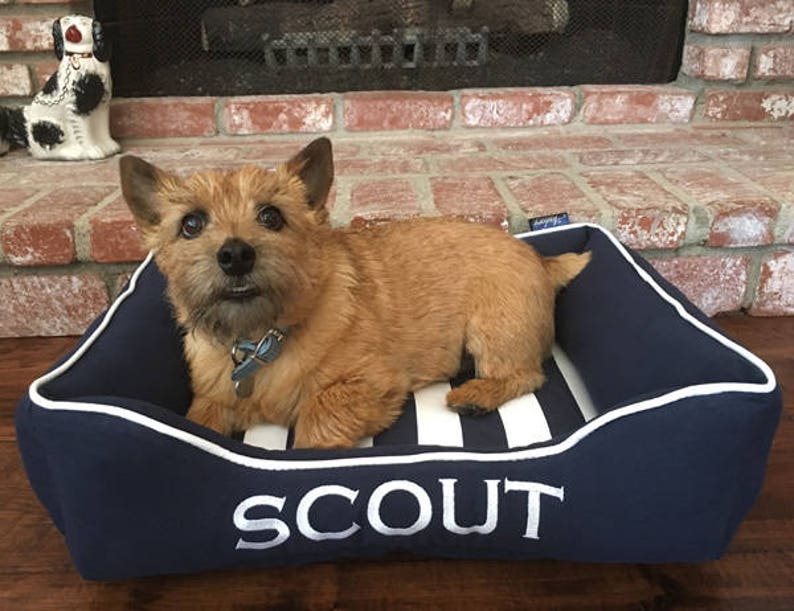 Personalized Dog Bed Nautical, Navy Blue Coastal Pet Bed, Washable Removable Cover in sizes small to x-large image 7