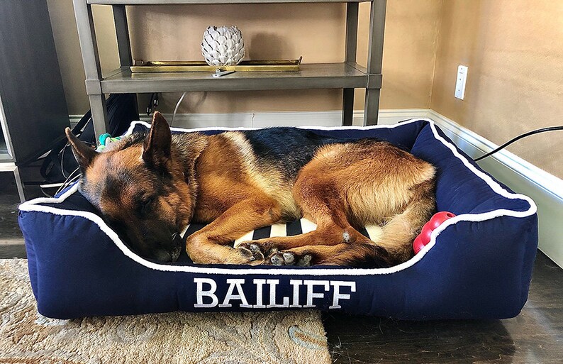 Personalized Dog Bed Nautical, Navy Blue Coastal Pet Bed, Washable Removable Cover in sizes small to x-large image 6