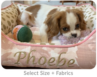 Personalized Pink Dog Bed with Bolsters, Custom Pet Bed with Removable Washable Cover