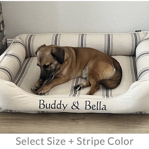Grain Sack Dog Bed with Grey Stripe, Modern Farmhouse, French Country Decor, Personalized with Name, Washable Removable Cover