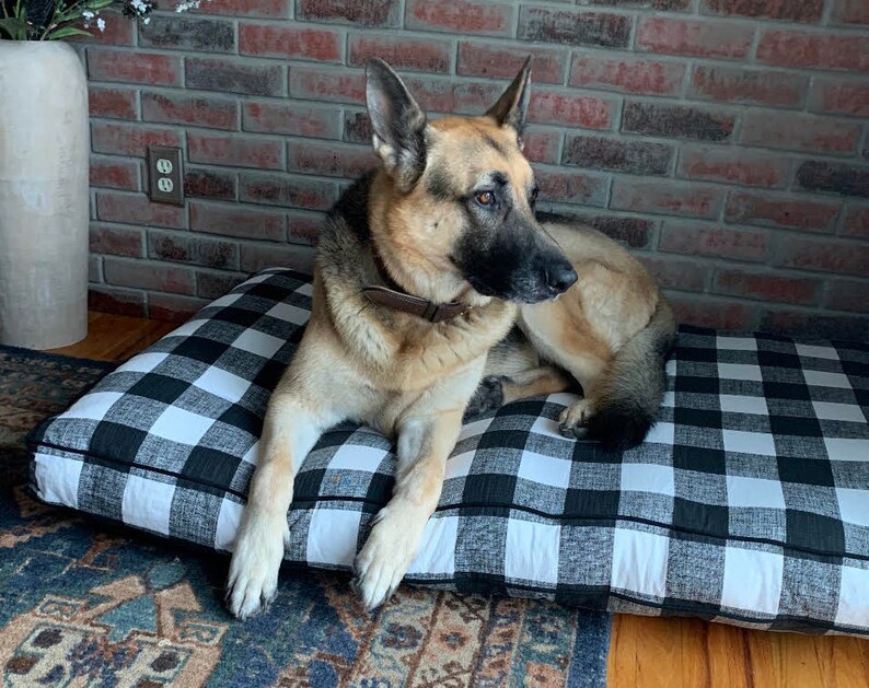 X-Large Black Buffalo Plaid Dog Bed with German Shepherd