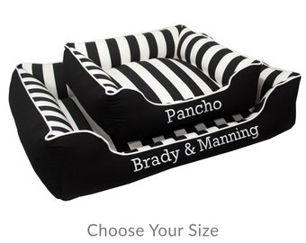 Black & White Stripe Dog Bed with Embroidery - Stripe, Bold, Contrast | Washable, Reversible and High Quality - Ships Fast!