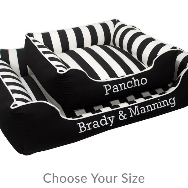 Black & White Stripe Dog Bed with Embroidery - Stripe, Bold, Contrast | Washable, Reversible and High Quality - Ships Fast!