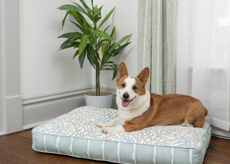 coastal dog bed with spa blue fabrics. fiberfill insert