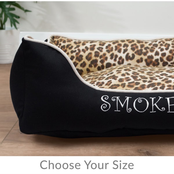 Leopard Dog or Cat Bed with Name, Leopard, Cheetah Print Pet Bedding, Small, Medium, Large | Washable, Durable, Reversible