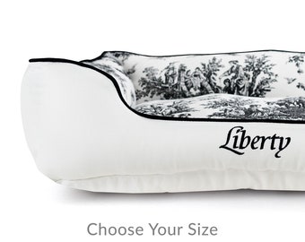 Toile Dog Bed Personalized, Black White Farmhouse Bolster Bed for Dogs and Cats, Washable Cover