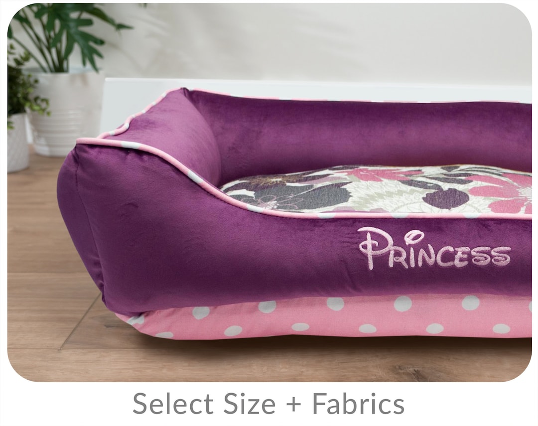 Purple Dog Bed With Pink Flowers, Personalized With Name, Cute Pink