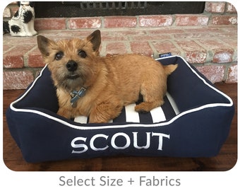 Nautical Dog Bed in Navy Blue and White, Durable Personalized Bolster Pet Bed, Washable Removable Cover