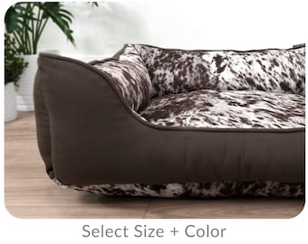 Western Dog Bed with Durable Faux Cowhide, Washable Removable Cover with Zippers, Cozy Cow Print Dog Bedding with Sides