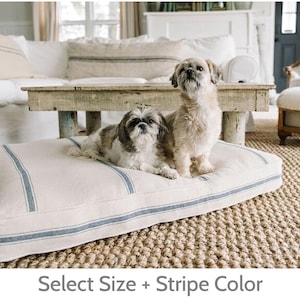 Personalized Grain Sack Dog Bed – Washable Farmhouse Pet Bed with Ticking Stripe – French Country Style