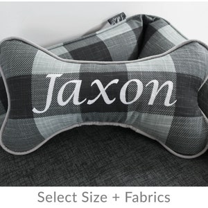 Dog Bone Pillow with Personalized Name Embroidery, Grey Black Buffalo Plaid | Design your Own