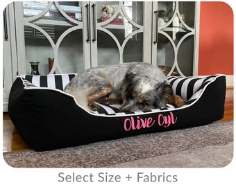 X-Large Bolster Dog Bed, Black & White Stripe Bedding with Name, Washable Removable Cover with Zippers | Choose Size