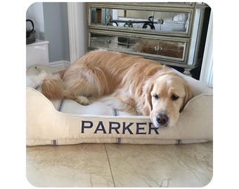 Grain Sack Bolster Dog Bed, Farmhouse French Country Style, Blue or Red