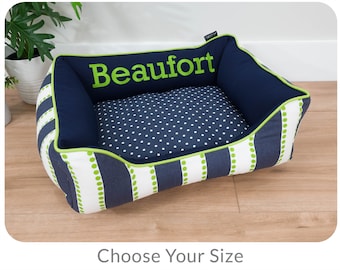 Personalized Dog Bed in Navy Blue & Green, Sizes Small to Large, Washable Removable Cover