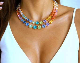 Rainbow Crystal Tennis Necklace, Multicolor Rivoli Choker, Statement Jewelry