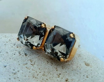 Black Diamond Square Earrings, Gold Crystal Studs, Plain Pierced Post Earrings for Girls, Handmade Rhinestone Jewelry