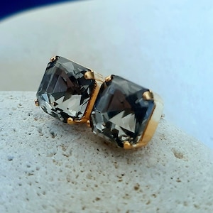 Black Diamond Square Earrings, Gold Crystal Studs, Plain Pierced Post Earrings for Girls, Handmade Rhinestone Jewelry