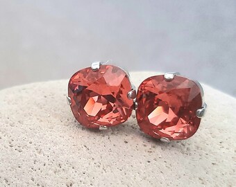 Padparadscha Kissenschliff Ohrstecker, Orange 12mm Kristall, Ohrstecker 4470, Damen Modeschmuck