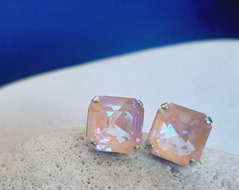 Peach Delight Asscher Cut Earrings in Silver Crystal Studs Simple Everyday Jewelry Gift for Sister Square Imperial Cut Post Earrings