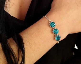 Türkis Kristall Armband: Blaue Indicolite Strass, Platin Art Deco Stil