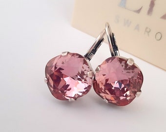 Antique Pink Crystal Dangle Earrings: Silver Plated Leverback Jewelry