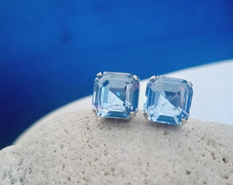 Light Sapphire Blue Square Stud Earrings, Asscher Cut Crystal, Imperial Pierced Post, Fancy Silver Jewelry, Girlfriend Love Gift