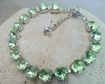 Chrysolite Crystal Bracelet in Silver made with Green Crystal Chatons 8mm Cup chain Tennis Jewelry for Girlfriend Birthday Gift
