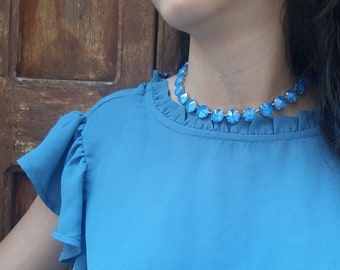 Blue Opal Choker Necklace Anna Wintour Bib Platinum Jewelry Rivoli Crystal 12mm Fashion Jewelry, Girls Birthday Gift