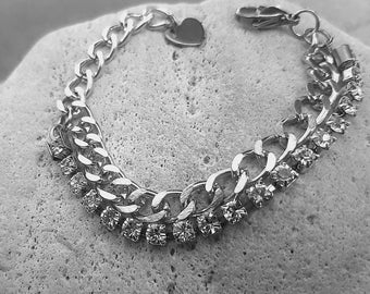 Multi Strand Clear Rhinestone Chain Bracelet - Thick Curb Chunky Chain in Platinum - Modern Statement Jewelry - Birthday Gift for Girls