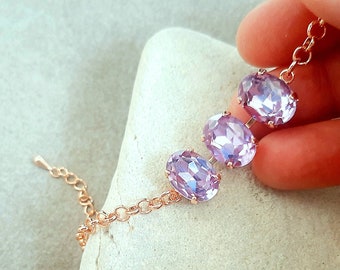 Lavender Oval Crystal Bracelet in Rose Gold, Pale Purple Crystals, Dainty Chain Bracelet, Stacking Jewelry, Wife Anniversary Gift