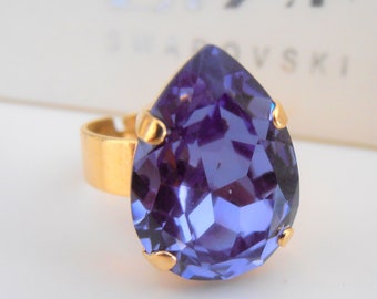 Tanzanite Blue Adjustable Pear Ring in Gold / Crystal Band / Statement Artisan Jewelry / Birthday Gift / Women Fashion Accessories