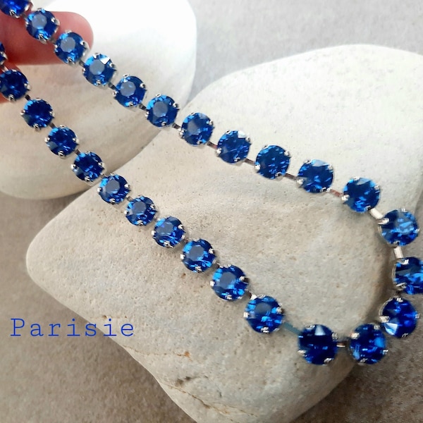 Sapphire Tennis Necklace Silver Cup chain Collet Graduate Rhinestone Collier for Aunt Crystal Choker Cup Chain Blue Jewelry Handmade Gifts
