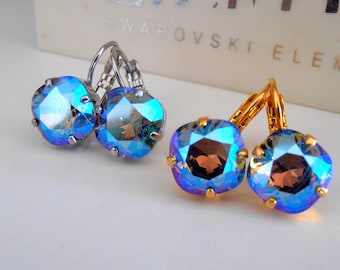 Black Diamond Shimmer Crystal Earrings: Lever Back Dangle, Silver or Gold