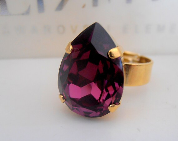 Amethyst Pear Adjustable Gold Band Ring 13x18mm / Swarovski Crystal Statement Artisan Jewelry
